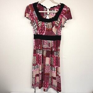 VTG Y2K New Directions Pink Patchwork Dress Ruffled Neckline Flutter Sleeve Sz S